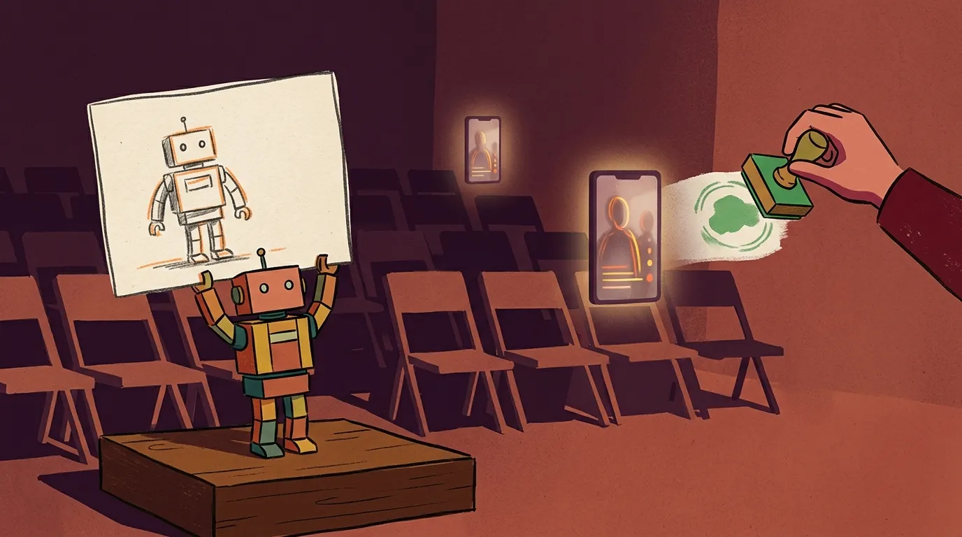 An illustrated robot presenting itself on a small stage while a human hand holds an approval stamp, with two phones showing vertical video feeds nearby.